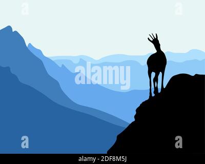 Un chamois se tient au sommet d'une colline avec des montagnes en arrière-plan. Silhouette noire avec fond bleu. Illustration vectorielle. Illustration de Vecteur