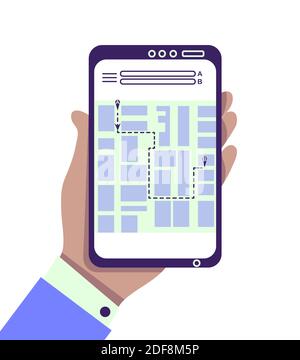 Main avec smartphone, application pour commander un taxi, carte de navigation en ligne, conduire du point A à B, carte d'itinéraire, trouver l'adresse. Meilleure méthode de recherche. Illustration vectorielle isolée plate. Suivi des informations de livraison Illustration vectorielle Illustration de Vecteur