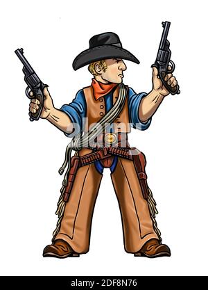 Dessin animé d'un chasseur sauvage de l'ouest. Modèle de cowboy pour livre de coloriage. Banque D'Images