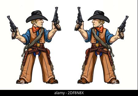 Dessin animé d'un chasseur sauvage de l'ouest. Modèle de cowboy pour livre de coloriage. Banque D'Images