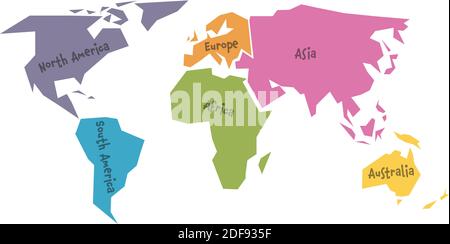 Carte du monde simplifiée divisée en six continents - Amérique du Sud, Amérique du Nord, Afrique, Europe, Asie et Australie - en différentes couleurs, sur fond blanc et avec des lables noires. Illustration simple à vecteur plat. Illustration de Vecteur