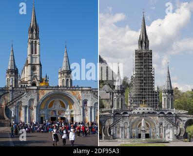 Une vue sur l'église notre-Dame-du-Rosaire de Lourdes le 12 octobre 2017 (haut) la basilique notre-Dame-du-Rosaire de Lourdes et ses environs est vide à Lourdes, en France, le 10 avril, 2020 (en bas) le site de pèlerinage catholique a été fermé au public en raison du vingt-quatrième jour d'un verrouillage strict à travers la France pour tenter d'arrêter la propagation du COVID-19, causé par le nouveau coronavirus. Lourdes est sur le point de vivre une semaine de Pâques sans précédent, sans fidèles. Photo de Godard/ANDBZ/Thibaud Moritz/JMP/ABACAPRESS.COM Banque D'Images