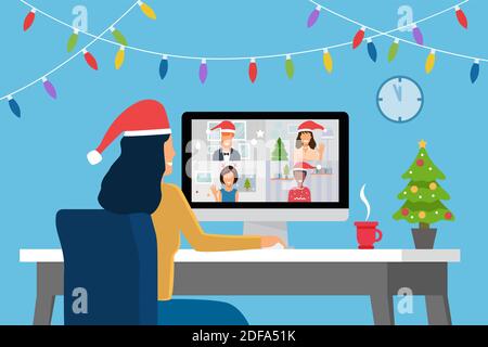 Vidéoconférence avec groupe de personnes sur ordinateur à la maison, réunion en ligne. Des amis qui parlent en vidéo et célèbrent Noël Illustration de Vecteur