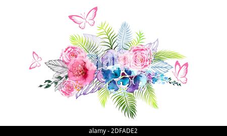 Abstraction florale de l'aquarelle différentes couleurs avec des papillons. Imprimé t-shirt. Illustration vectorielle. Illustration de Vecteur
