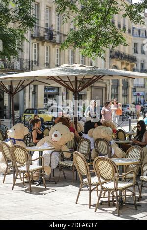 Après la fermeture des restaurants et du bar pendant la période de confinement liée au covid-19, le nouveau coronavirus. Les bars et les restaurants ont été autorisés à rouvrir le mardi 2 juin 2020. Pour appliquer des mesures sanitaires, le bar 'chez Fred' avait l'idée de placer de grands ours en peluche. À Bordeaux, France. Photo de Thibaud Moritz/ABACAPRESS.COM Banque D'Images