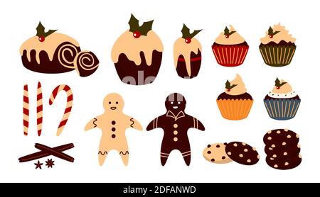 Ensemble plat de Noël pour les aliments sucrés. Dessert d'hiver. Gâteau traditionnel ou pain d'épice. Pâtisserie comme symbole de fête du nouvel an. En-cas savoureux. Isolé sur une illustration vectorielle blanche. Illustration de Vecteur