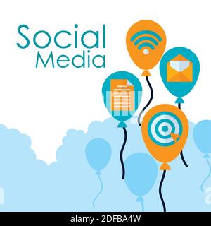 design de réseaux sociaux avec ballons avec icônes associées sur fond bleu et blanc, design coloré, illustration vectorielle Illustration de Vecteur
