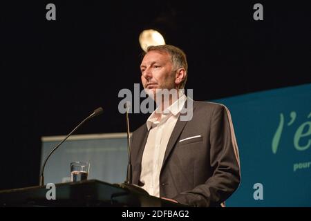 Bruno Bernard, candidat EELV (Europe Ecologie les Verts) aux élections métropolitaines prononce un discours juste après avoir été élu nouveau président de Lyon Metropole à Lyon, France, le 28 juin 2020. Photo de Julien Reynaud/APS-Medias/ABACAPRESS.COM Banque D'Images