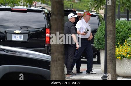 Le président Donald Trump revient à la Maison Blanche, Washington, DC, USA le dimanche 28 juin 2020, après une journée au Trump National Golf Club, Sterling, Virginie. Photo de Mike Theiler/Pool/ABACAPRESS.COM Banque D'Images