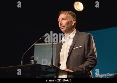 Bruno Bernard, candidat EELV (Europe Ecologie les Verts) aux élections métropolitaines prononce un discours juste après avoir été élu nouveau président de Lyon Metropole à Lyon, France, le 28 juin 2020. Photo de Julien Reynaud/APS-Medias/ABACAPRESS.COM Banque D'Images