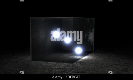 Trois boules avec lumière illuminée dans une boîte en verre transparent, rendu 3D Banque D'Images