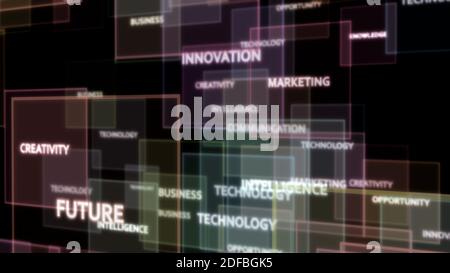 Digital Word Cloud , concept créatif des mots liés aux affaires et à la technologie , rendu 3D Banque D'Images