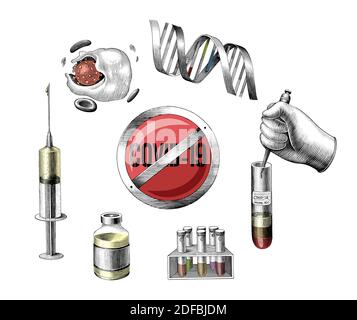 COVID-19 développement vaccin main dessiner gravure style clip art isolé sur fond blanc Illustration de Vecteur