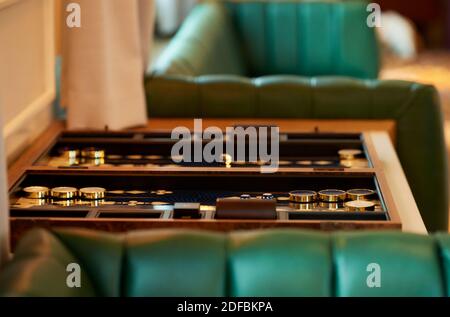 Une configuration de Backgammon en gros plan et en détail. Banque D'Images
