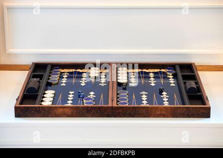 Une configuration de Backgammon en gros plan et en détail. Banque D'Images