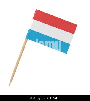 Petit drapeau en papier de Luxembourg sur bâton de bois, isolé sur blanc Banque D'Images