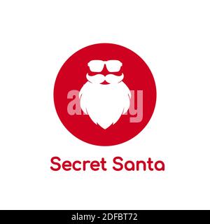 Affiche Secret Santa. Silhouette du visage Claus avec des lunettes de soleil à barbe et taille basse sur fond blanc. Étiquette pour fête ou carte de vœux. Bacille Vector Flat Illustration de Vecteur