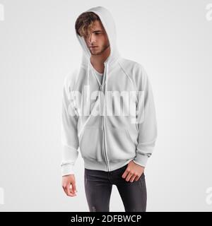 Sweat-shirt Mockup blanc avec fermeture à glissière, poignets, poche, sur un gars dans une capuche avec liens, vue avant, isolé sur le fond. Modèle de sweat à capuche vierge, marque s Banque D'Images