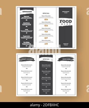 Modèle de menu blanc avec éléments de grunge noir pour les cafés et les restaurants. Brochure à trois plis pour l'impression. Illustration de Vecteur