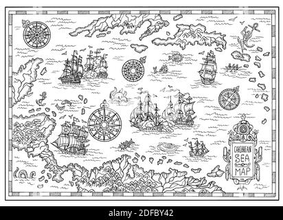 Carte des anciens pirates avec les vieux voiliers de pirates, les îles du Trésor. Arrière-plan antique décoratif avec carte nautique, concept de chasse aux trésors d'aventure Banque D'Images