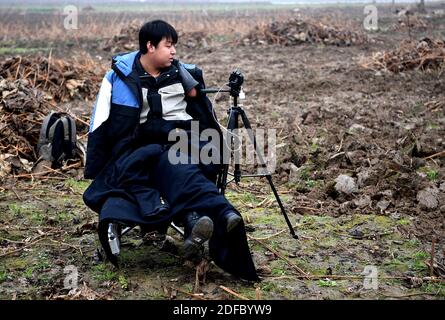 (201204) -- ZHENGZHOU, 4 décembre 2020 (Xinhua) -- Sun Yahui en direct dans un étang drainé dans le village de Wanglu de Xinxiang, dans la province de Henan, au centre de la Chine, 2 décembre 2020. « Bonjour, tout le monde ! Aujourd'hui, je vais vous montrer comment creuser des racines de lotus dans le village de mon oncle. Comme un nouveau jour a commencé, Sun Yahui a mis le téléphone portable prêt avec son membre gauche et a commencé son streaming. Sun Yahui, 26 ans, a perdu les deux bras et s'est paralysé en raison de blessures électriques il y a 4 ans. « Je pensais que j'étais inutile. » L'accident a laissé des blessures sur son corps et des cicatrices émotionnelles sur son esprit. Pour traiter ses blessures, les parents de Sun ont dépensé toutes les économies et Banque D'Images