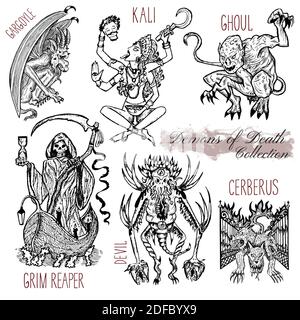 Bacilles mystiques avec dessins occultes. Illustration gravée à la main, Halloween et concept ésotérique Illustration de Vecteur