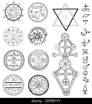 Bacilles mystiques avec dessins occultes. Illustration gravée à la main, Halloween et concept ésotérique Illustration de Vecteur