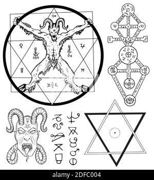 Bacilles mystiques avec dessins occultes. Illustration gravée à la main, Halloween et concept ésotérique Illustration de Vecteur