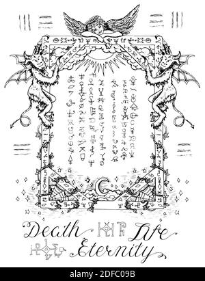 Bacilles mystiques avec dessins occultes. Illustration gravée à la main, Halloween et concept ésotérique Illustration de Vecteur