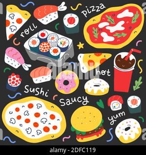 Restauration rapide, illustrations de menus pour café ou service de livraison, pizza italienne, petits pains à sushis japonais et philadelphie, boisson au cola, nouilles Illustration de Vecteur