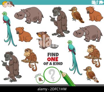 Illustration de dessin animé de trouver un d'un type d'image éducative jeu avec des personnages d'animaux sauvages Illustration de Vecteur
