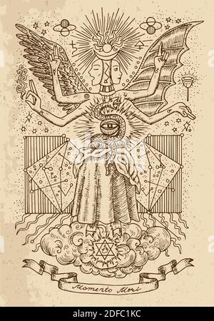 Illustration gravée de vecteur occulte et ésotérique, concept tattoo gothic et wicca avec symboles mystiques. Illustration de Vecteur
