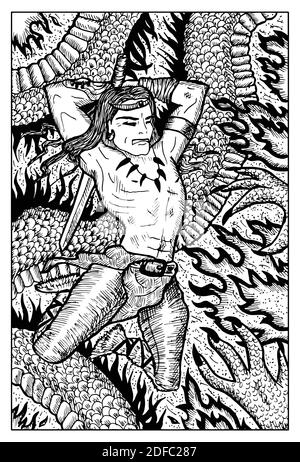 Conan Barbarian. Illustration fantaisie noire et blanche gravée avec créatures et personnages mythologiques Illustration de Vecteur