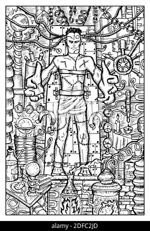 Frankenstein. Illustration fantaisie noire et blanche gravée avec créatures et personnages mythologiques Illustration de Vecteur