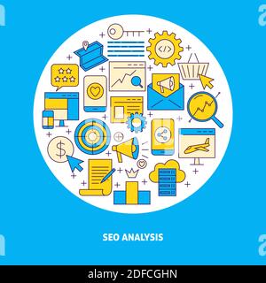 Analyse SEO ronde concept bannière dans le style de ligne. Affiche marketing numérique avec emplacement pour le texte. Illustration vectorielle. Illustration de Vecteur