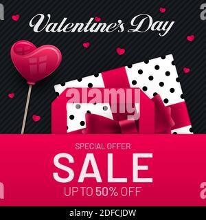Motif affiche de la Saint-Valentin avec boîte-cadeau et coeur dans un sac en papier et décorations en forme de coeur. Publicité de couleur rouge et noire invitée Illustration de Vecteur