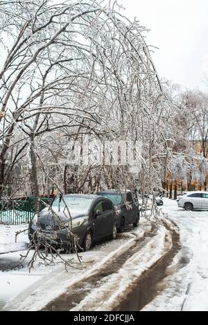 Voitures couvertes de glace, de neige et de glace.Arbres couverts de glace courbée vers le sol.Hiver météo enneigée.Tempête de verglas temps cyclone. Banque D'Images