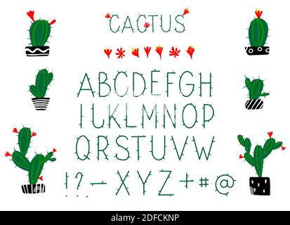 Cactus vert épineux à l'alphabet latin avec fleurs en fleurs. Lettres anglaises. Illustration vectorielle isolée à la main sur fond blanc Illustration de Vecteur