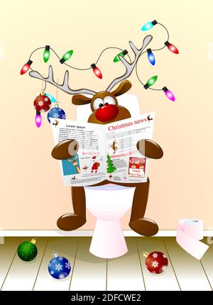 Un cerf de bande dessinée lisant un journal assis sur un bol de toilettes. Les bois sont décorés de boules de Noël et d'une guirlande lumineuse. Noël. Illustration de Vecteur