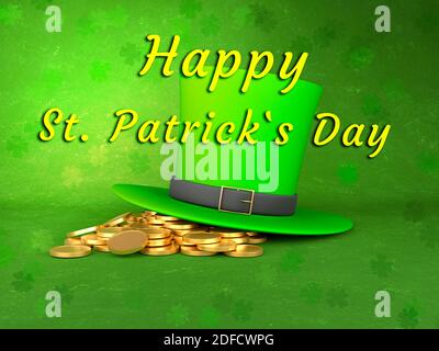 Illustration des fêtes pour la Saint-Patrick. Bannière verte avec un chapeau et des pièces de monnaie, des feuilles de trèfle. Rendu 3D Banque D'Images