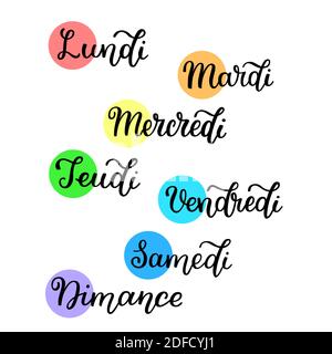 Lettrage en français, jours de la semaine - lundi, mardi, mercredi, jeudi, vendredi, samedi, dimanche. Mots manuscrits pour le calendrier, le plan hebdomadaire ou Illustration de Vecteur