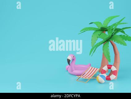 Bannière d'été avec éléments de plage sur le rendu 3d d'arrière-plan bleu. Banque D'Images