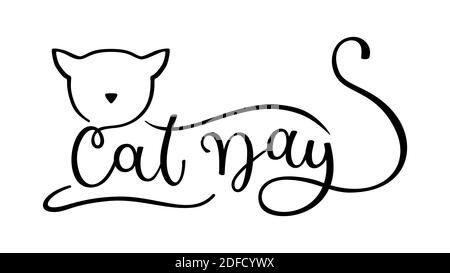 Journée des chats. Dessin à la main avec logo vectoriel avec silhouette de chat isolée sur fond blanc. Modèle pour carte, affiche, impression. Illustration de Vecteur