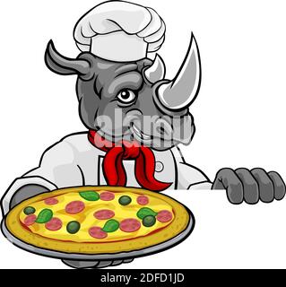 Pizza Chef Rhino Restaurant Cartoon Mascot Sign Illustration de Vecteur