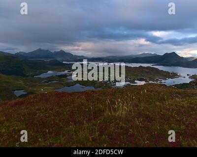 Belle vue panoramique sur l'ouest de l'île de Vestvågøya, Lofoten, Norvège avec fjord Buksnesfjorden, ville de Leknes, montagnes et prairie rugueuses. Banque D'Images