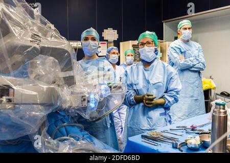 La chirurgie rénale conservatrice robotique guidée par l'image assistée par la modélisation 3D, cette modélisation 3D du rein avec sa tumeur située en violet, guide les s. Banque D'Images