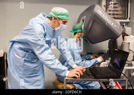 La chirurgie rénale conservatrice robotique guidée par l'image assistée par la modélisation 3D, cette modélisation 3D du rein avec sa tumeur située en violet, guide les s. Banque D'Images