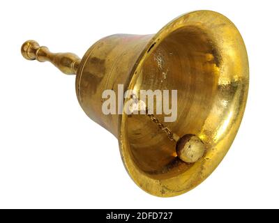 Laiton Antique Hand bell isolé sur fond blanc Banque D'Images