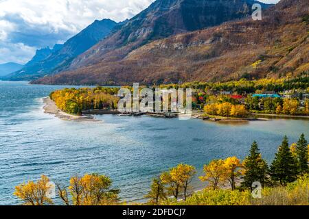 Lac Waterton supérieur bord de lac en automne saison des feuillages jour ensoleillé matin. Ciel bleu, nuages blancs sur les montagnes en arrière-plan. Repères Banque D'Images