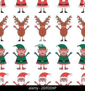 Motif de Noël sans coutures en caractères du Père Noël, de l'Elf et du cerf sur fond blanc. Illustration de Vecteur